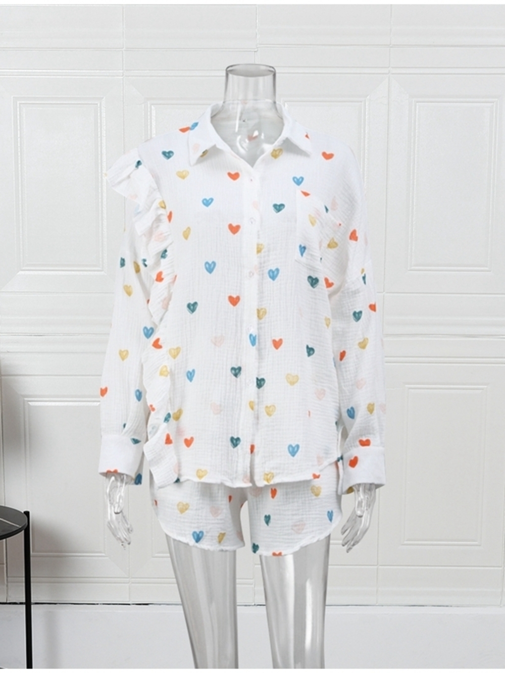 White Heart-Print Button Shirt with Matching Shorts - Picture 2 of 4